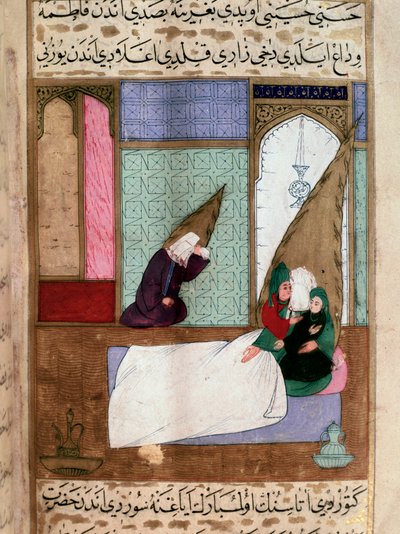 Prorok Muhammad (Muhammad lub Muhammad) (570-632) (zakryta twarz) odbiera swojej rodzinie w chwili śmierci perską miniaturę z XVIII wieku. Musee Topkapi Stambuł Turcja autorstwa Turkish School