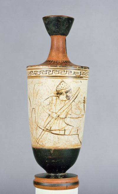 Strychowy lekythos na białym tle ozdobiony Charonem, przewoźnikiem Zaświatów odbierającym duszę zmarłego, z Aten, ok. 475-425 pne (ceramika) autorstwa Tymbos Painter