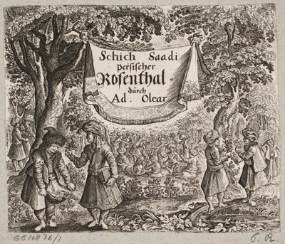 Frontispiece til Adam Olearius, „Perski Rosenthal genialnego poety Schicha Saadi […]”, Szlezwik 1660 autorstwa Ubekendt
