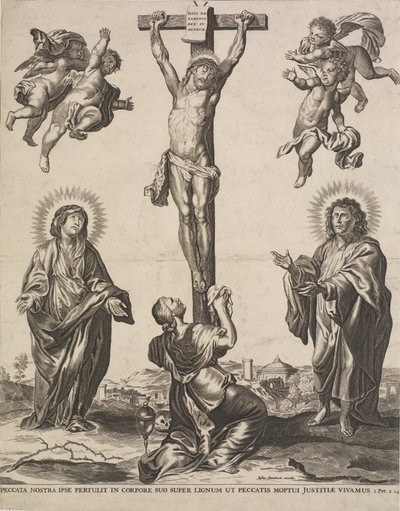 Chrystus na krzyżu, z Dziewicą, Marią Magdaleną i Św. Janem i czterema aniołami autorstwa Ubekendt KKSgb5444