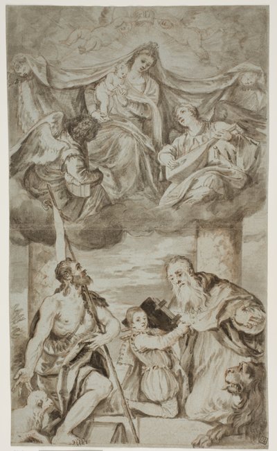 Dziewica z Dzieciątkiem wśród aniołów w obłokach ze św. Janem Chrzcicielem i Hieronimem, wg obrazu Paolo Veronese dawniej w S. Francesco della Vigna, Wenecja autorstwa Ubekendt Ubekendt