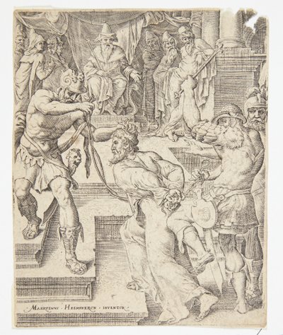 Chrystus przed Kajfaszem autorstwa Ubekendt efter Dirck Volckertsz. Coornhert efter Maarten van Heemskerck