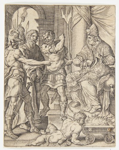 Chrystus przed arcykapłanem Annaszem autorstwa Ubekendt efter Dirck Volckertsz. Coornhert efter Maarten van Heemskerck