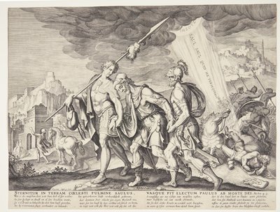 Ślepy Saul poprowadził do Damaszku autorstwa Ubekendt efter Philips Galle efter forlæg af Maarten van Heemskerck
