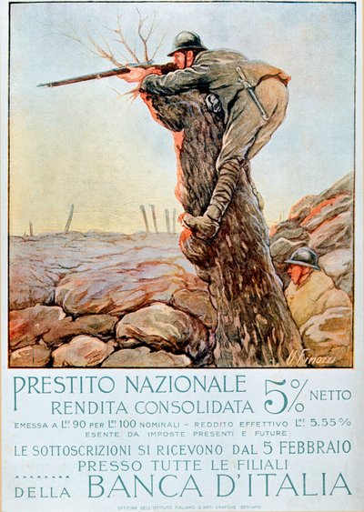 Pierwsza wojna światowa: włoski plakat zachęcający do zaciągania pożyczek narodowych. Ilustracja autorstwa Ugo Finozzi (XX w.). 1914-1918 Uwaga! Korzystanie z tej pracy może być uzależnione od złożenia wniosku o udzielenie zezwolenia osobie trzeciej lub od autorstwa Ugo Finozzi