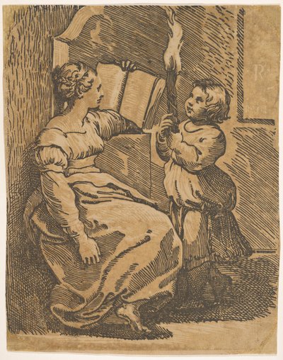 Czytanie Sybilli skierowane w prawo, ca. 1517-18. autorstwa Ugo da Carpi