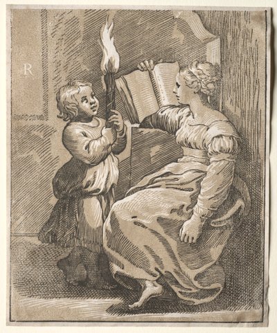 Czytanie Sybilli z dzieckiem trzymającym pochodnię, 1518-27. autorstwa Ugo da Carpi