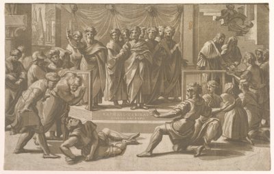 Śmierć Ananiasza w otoczeniu Apostołów, 1518. autorstwa Ugo da Carpi