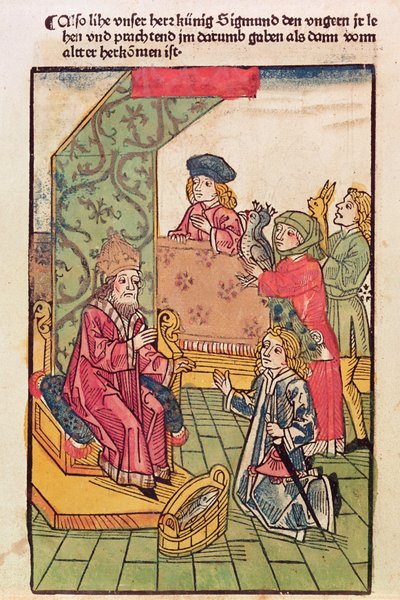Cesarz Zygmunt Luksemburski (1367-1437) odbiera hołd od swoich węgierskich poddanych, 1483, (drzeworyt kolorowany) (zob. także 316982) autorstwa Ulrich von Richental