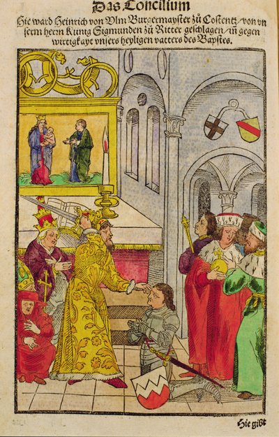 هینري آف الم ته د قسطنطین په شورا کې د امپراتور لخوا د "Chronik des Konzils von Konstanz" پولي لخوا د هغه د نایټډیټ جایزه ورکړل شوه. autorstwa Ulrich von Richental