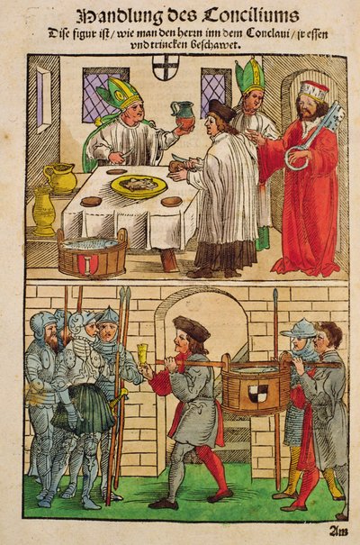 Jak rozdawano chleb i wino ludziom podczas soboru w Konstancji, z „Chronik des Konzils von Konstanz” autorstwa Ulrich von Richental