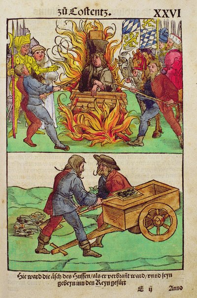 Egzekucja Jana Husa lub jednego z jego księży na soborze w Konstancji, z „Chronik des Konzils von Konstanz” autorstwa Ulrich von Richental