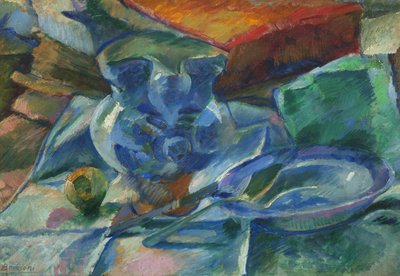 Martwa natura z ceramiki, sztućców i owoców, 1915 autorstwa Umberto Boccioni