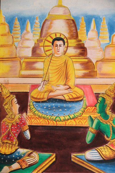20151102, Vang Vieng, Laos : Obraz przedstawiający historię życia Buddy Siakjamuniego. Budda poświęcił się nauczaniu, przyciągając setki wyznawców autorstwa Unbekannt