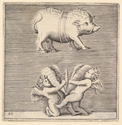 Opasana świnia i dwa amorki lub geniusze z motylem lub ćmą, wyd. 1599-1622. autorstwa Unbekannt
