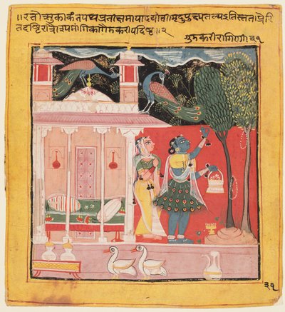 Dama zrywająca kwiaty z pawiami, Gunakali Ragini z Malkos, z Chawand Ragamala, 1605. autorstwa Unbekannt
