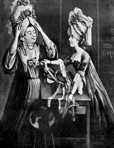 Sklep Milliners, pani Monopolize, żona rzeźnika, kupuje nowoczesne nakrycie głowy, 1772 autorstwa Unbekannt