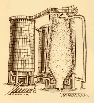 Zestaw nowoczesnych wielkich pieców pokazany w przekroju, ok. 1930 r. autorstwa Unbekannt