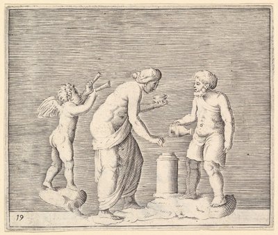 Kobieta i mężczyzna składający ofiarę w obecności Kupidyna, wydana 1599-1622. autorstwa Unbekannt