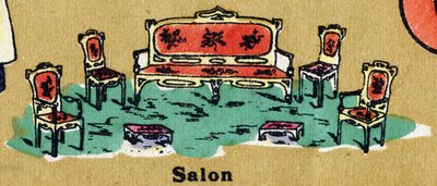 Salon z fotelem, krzesłami i podnóżkiem. Ilustrowany alfabet. Obrazy ponownie zjednoczone w Jarville-Nancy na początku XX wieku. Wymiary: 40 x 29 cm. Litografia na bistrowym tle autorstwa Unbekannt