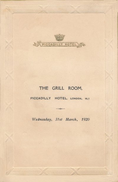 Menu dla The Grill Room hotelu Piccadilly, Londyn, 1920 autorstwa Unbekannt