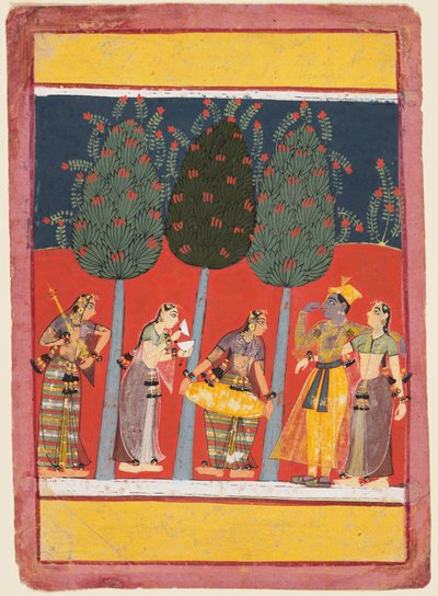 Strona z serii Rasikapriya: Krishna and Radha and the Sakhis z instrumentami muzycznymi, ok. godz. 1650 autorstwa Unbekannt