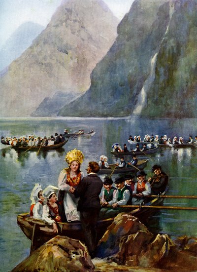 Procesja ślubna na łodziach, Norwegia autorstwa Unbekannt