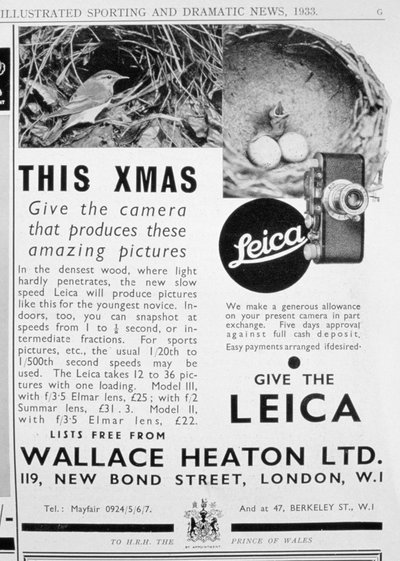 Reklama aparatów Leica sprzedawanych przez Wallace Heaton Ltd, New Bond Street, Londyn, 1933 autorstwa Unbekannt