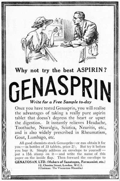 Reklama Genasprin, zastrzeżonej marki leku Aspirin. 1919 autorstwa Unbekannt