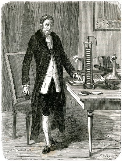 Alessandro Volta, włoski fizyk, demonstruje swoją elektryczną baterię palową, c1800 c1870 autorstwa Unbekannt