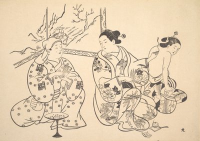 Oiran siedzący w salonie stosuje ognioodporny zabieg na gołe plecy innej kobiety. autorstwa Unbekannt