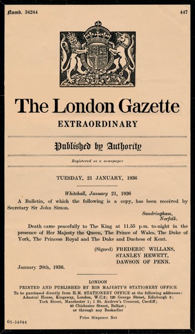 Nadzwyczajny biuletyn The London Gazette ogłaszający śmierć króla Jerzego V 1865-1936 autorstwa Unbekannt
