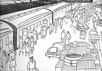 Ilustracja przedstawiająca dworzec kolejowy z lat 30., 1937 autorstwa Unbekannt
