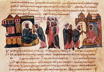 Andron II Paleolog z synem i jeńcami (miniatura bizantyjska) autorstwa Unbekannt