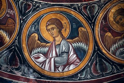 Medalion anioła wokół Chrystusa i Sąd Ostateczny Szczegół bizantyjskiego fresku ze sklepienia Narthex kościoła Asinou Scena ostatniego wyroku 14 wieku (1332) UNESCO, światowe dziedzictwo kulturowe Region Troodos, Cypr autorstwa Unbekannt
