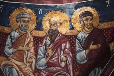 Reprezentacja apostołów wokół Chrystusa i Sądu Ostatecznego Szczegóły bizantyjskiego fresku ze sklepienia Narthex kościoła Asinou Scena ostatniego wyroku 14 wieku (1332) UNESCO, światowe dziedzictwo kulturowe Region Troodos, Cypr autorstwa Unbekannt