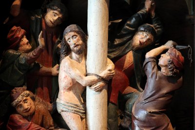Arbois, Jura, Francja, 31.08.2015 r. - Kościół Saint-Hippolyte. Retabulum z XV wieku. Biczowanie Chrystusa. autorstwa Unbekannt