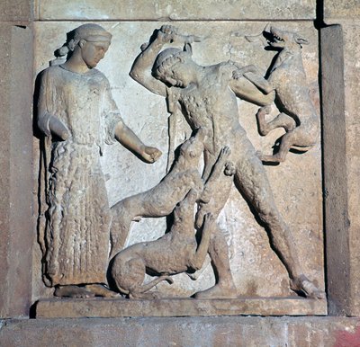 Archaiczna metopa przedstawiająca Akteona i Artemidę, V wiek p.n.e. autorstwa Unbekannt