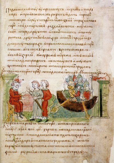 Askold i Dir poproszeni przez Rurika o pozwolenie na wyjazd do Konstantynopola z Kroniki Radziwiłłów, XV w. autorstwa Unbekannt