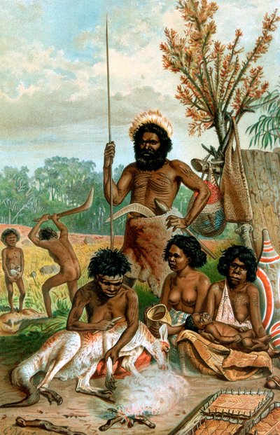 Australijscy aborygeni zarzynający kangura, 1885-1888 autorstwa Unbekannt