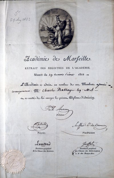 Dyplom Babbage z Academie de Marseilles autorstwa Unbekannt