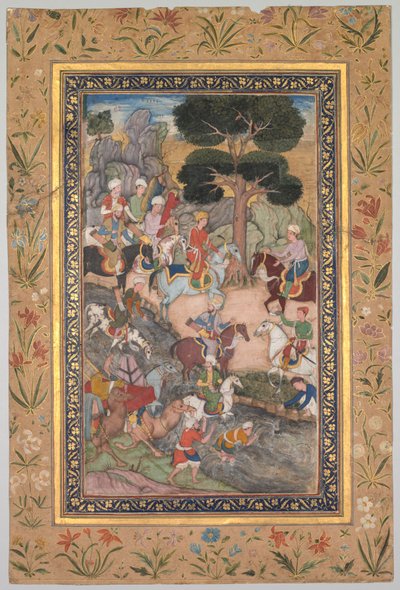 Spotkanie Babura z sułtanem Ali Mirzą nad rzeką Kohik, z Pamiętników Babur-nama z Babur, ok. 1930 r. 159 autorstwa Unbekannt