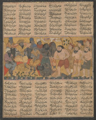 Bahram Gur demonstruje swoje umiejętności w zapasach na dworze Shangul..., ca. 1300-30. autorstwa Unbekannt