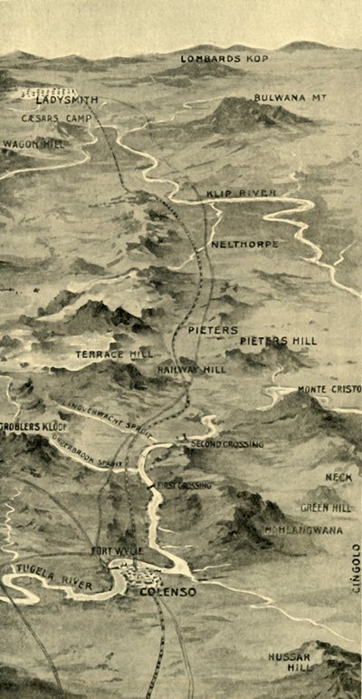 „Mapa balonowa ilustrująca bitwę pod Pieters i płaskorzeźba Ladysmith”, 1900. autorstwa Unbekannt