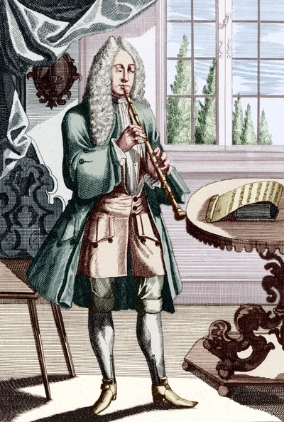 Podpis barokowego muzyka obojowego brzmi: „Mężczyzna grający obój (lub hautbois), który jest wczesnym obojem Grawerowanie autorstwa J C Weigel (1661-1726) z Musikalisches Theatrum. autorstwa Unbekannt