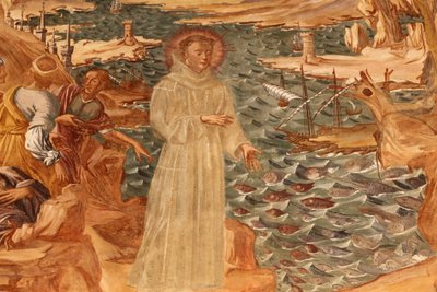 Bazylika Santa Caterina, Galatina, Apulia Fresk w krużganku: Św. Antoni przemawiający do ryby Namalowany przez BrJózefa z Graviny w 1696 r., Galatina, Włochy autorstwa Unbekannt