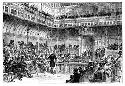 Benjamin Disraeli wprowadzający swój projekt reformy w Izbie Gmin, ok. 1867 r. autorstwa Unbekannt