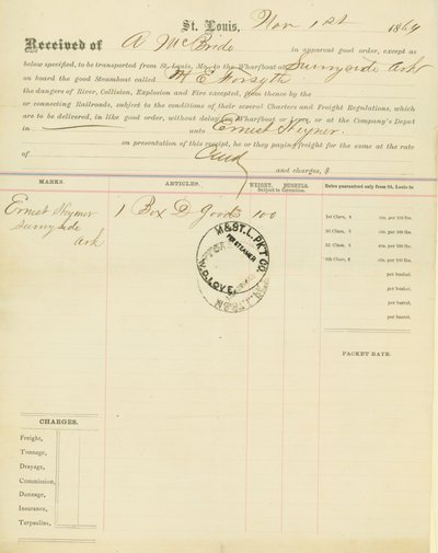 Konosament, parowiec M[ary] E. Forsyth, Sunnyside, Arkansas, 1 listopada 1864 autorstwa Unbekannt