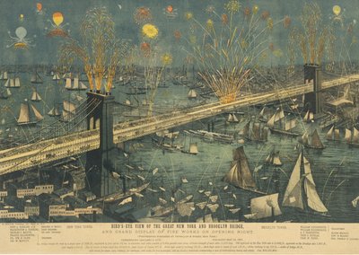 Widok z lotu ptaka na Wielki Most Nowojorski i Brooklyn oraz Wielki Pokaz Fajerwerków..., 1883. autorstwa Unbekannt