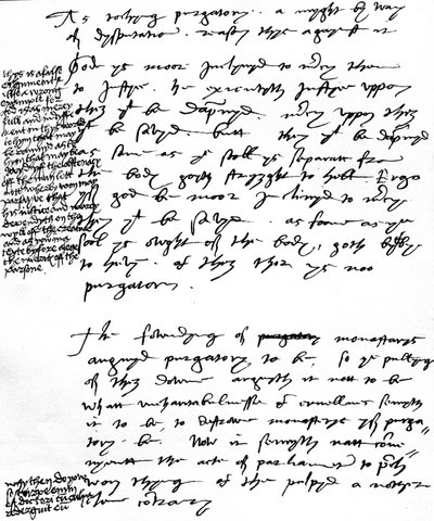 Argumenty biskupa Latimera przeciwko katolickiej doktrynie czyśćca z notatkami na marginesie króla Henryka VIII, ok. 1538 (pióro i atrament na papierze) autorstwa Unbekannt